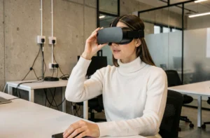 Femme portant un casque de réalité augmentée dans un espace de travail tech moderne et minimaliste