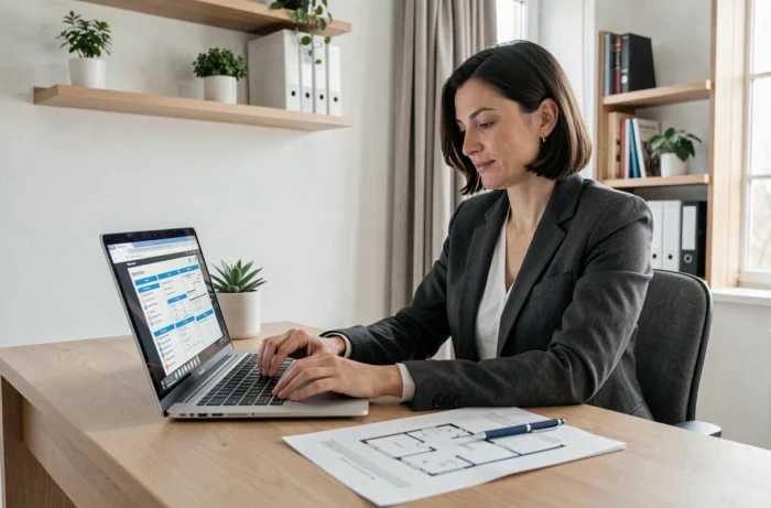 Une femme recherche les plans de canalisation de sa maison sur son ordinateur portable dans un bureau à domicile