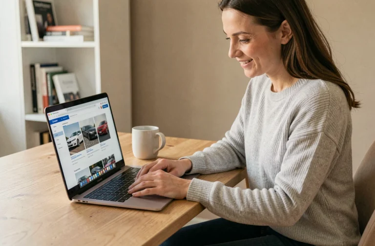 Femme consultant une plateforme en ligne de vente de voitures sur son ordinateur portable depuis son bureau à domicile