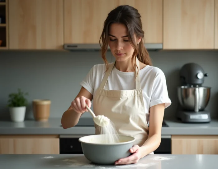 Femme versant une pâte à gâteau depuis un robot pâtissier dans un moule dans une cuisine moderne