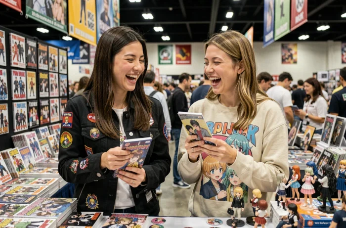 Deux femmes geek souriantes découvrant des figurines et des mangas à un stand de convention pop culture