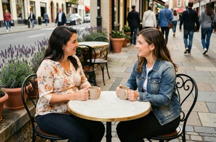 Deux femmes discutant autour d'un café en terrasse, l'une enceinte, partageant conseils et soutien sur la maternité
