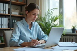 Femme remplissant une fiche d'immeuble Cerfa en ligne sur un ordinateur portable dans un bureau à domicile organisé