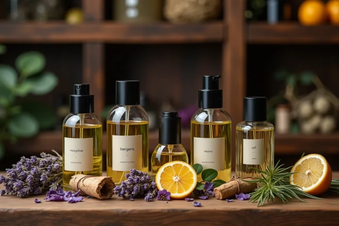 Collection de flacons de parfum naturels et hypoallergéniques entourés d'ingrédients botaniques sur bois brut