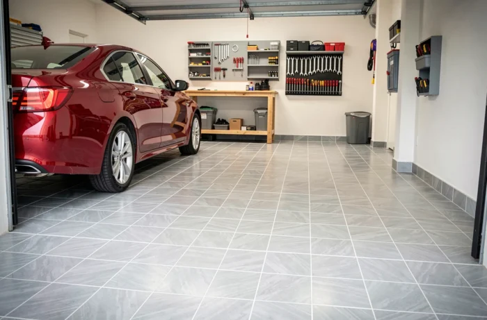 Garage rénové avec un sol en dalles PVC clipsables grises et voiture rouge garée