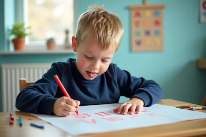 Jeune garçon qui trace des lettres de l'alphabet avec un crayon rouge sur du papier dans sa chambre