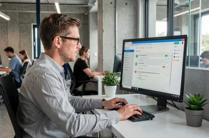 Homme gérant ses emails sur un ordinateur de bureau dans un espace de coworking moderne
