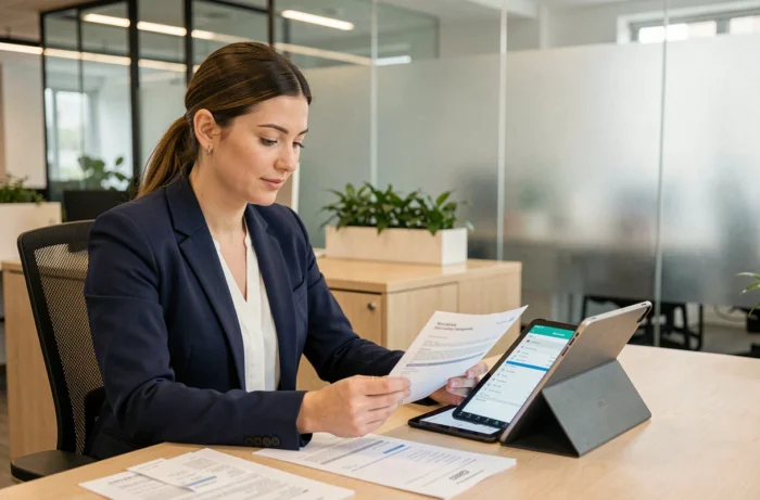 Femme professionnelle gérant ses notes de frais sur tablette et documents papier dans un bureau moderne