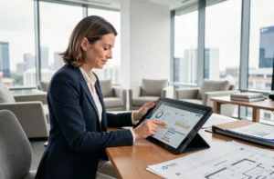Gestionnaire immobilière analysant des données de gestion locative sur une tablette dans un bureau moderne