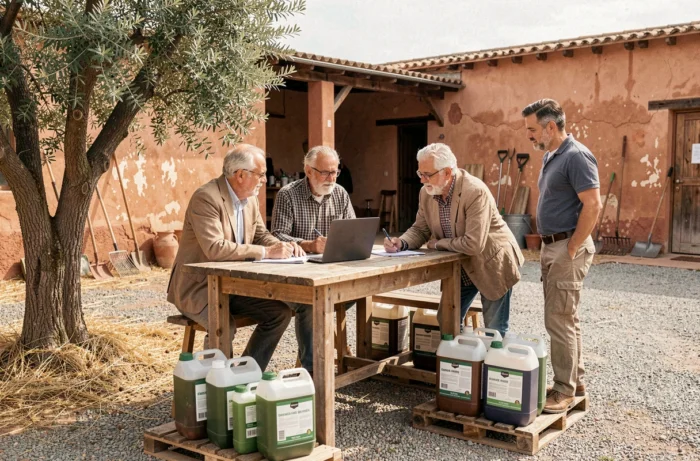 Groupe d'agriculteurs espagnols réunis pour un groupement d'achat de produits phytosanitaires dans une coopérative agricole andalouse