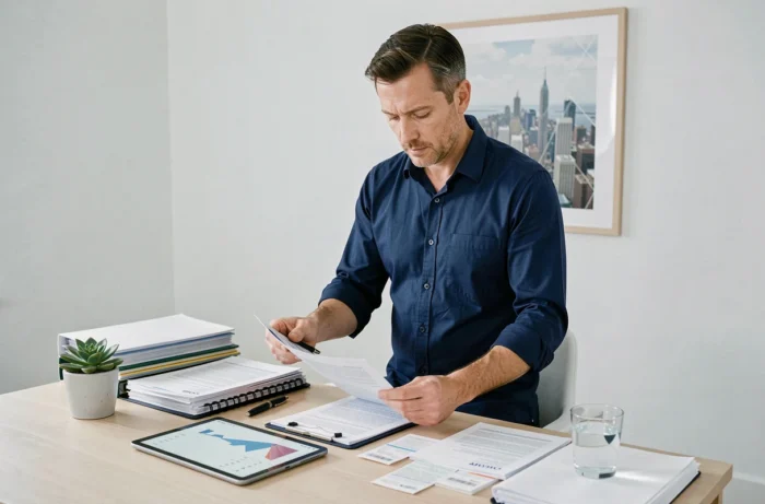 Homme analysant des relevés bancaires et des documents financiers dans un bureau minimaliste à domicile