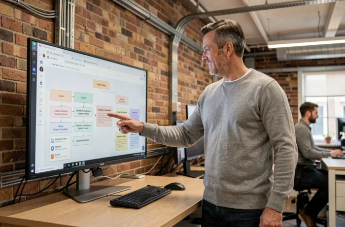 Homme analysant la structure de navigation d'un plan de site sur grand écran en bureau open space
