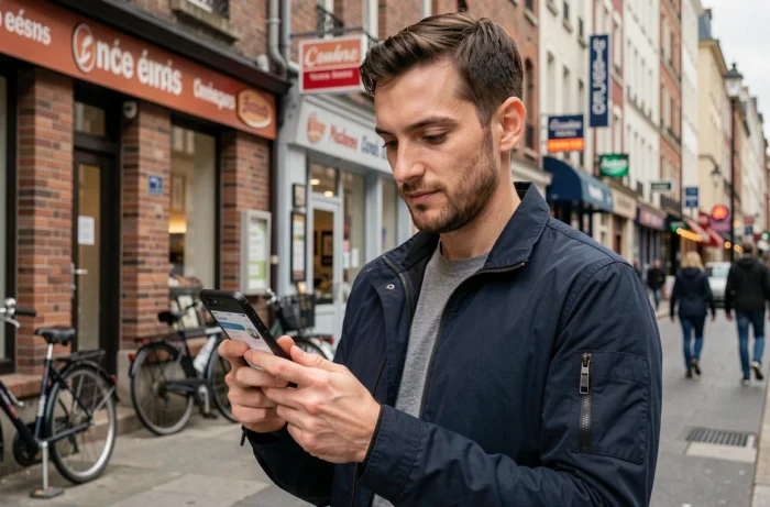 Homme consultant un annuaire de services locaux sur smartphone dans une rue commerçante