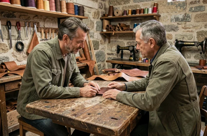 Homme discutant avec un artisan maroquinier français dans un atelier traditionnel
