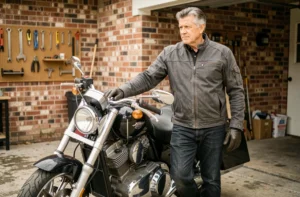 Homme de 50 ans en équipement moto debout à côté d'une moto de tourisme dans un garage