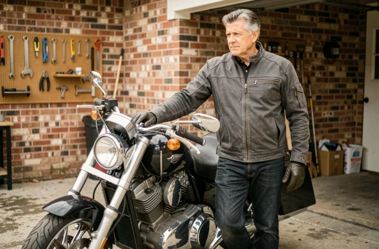 Homme de 50 ans en équipement moto debout à côté d'une moto de tourisme dans un garage