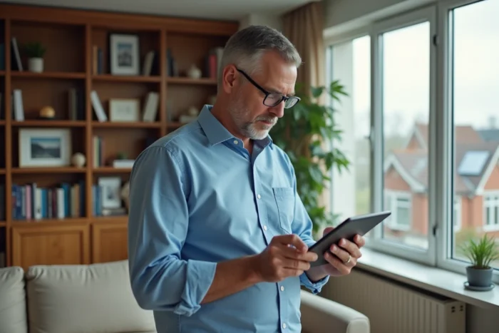 Homme utilisant une tablette pour comparer des offres d'assurance habitation dans son salon
