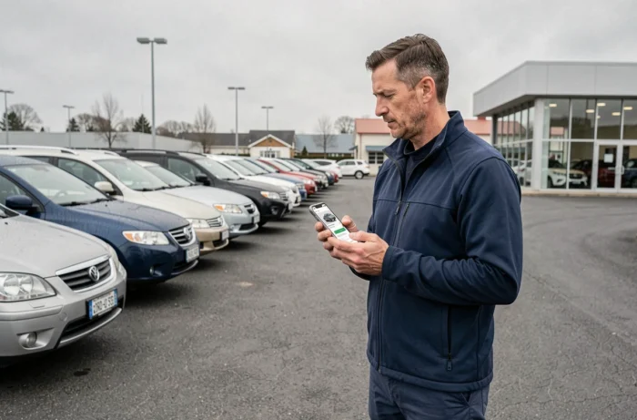 Homme comparant des voitures sur une application mobile dans un parking de concession automobile
