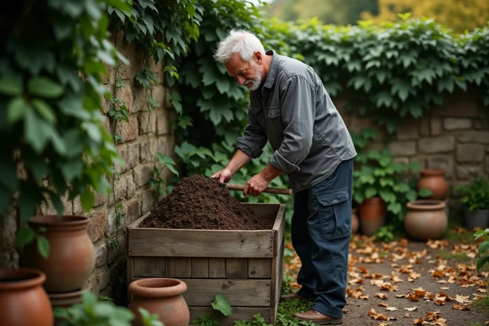 Homme retournant le compost dans un bac en bois au fond d'un jardin en automne