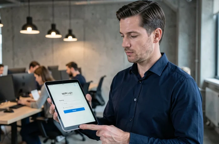 Homme consultant l'écran de connexion d'une application de formation sur une tablette dans un espace de coworking