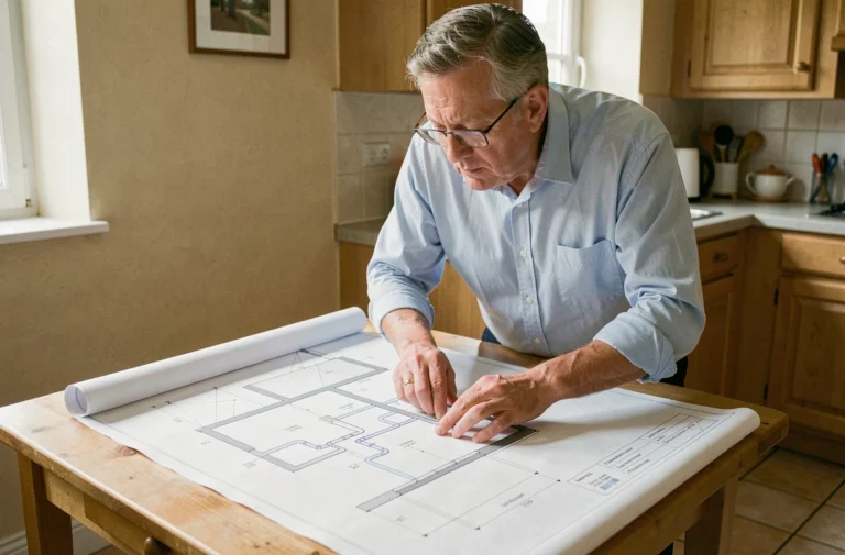 Un homme d'âge mûr consulte les plans de canalisation de sa maison étalés sur une table de cuisine