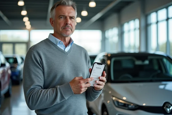Homme en concession automobile consultant son CPF sur smartphone pour financer l'achat d'un véhicule