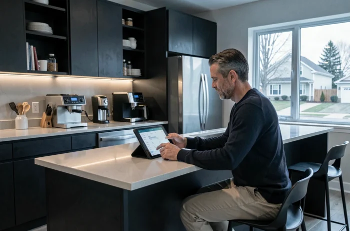 Homme utilisant une tablette pour contrôler des appareils connectés dans une cuisine contemporaine intelligente