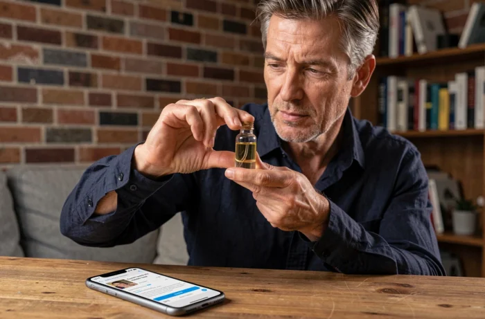 Homme examinant un échantillon de parfum reçu après commande en ligne dans un appartement moderne