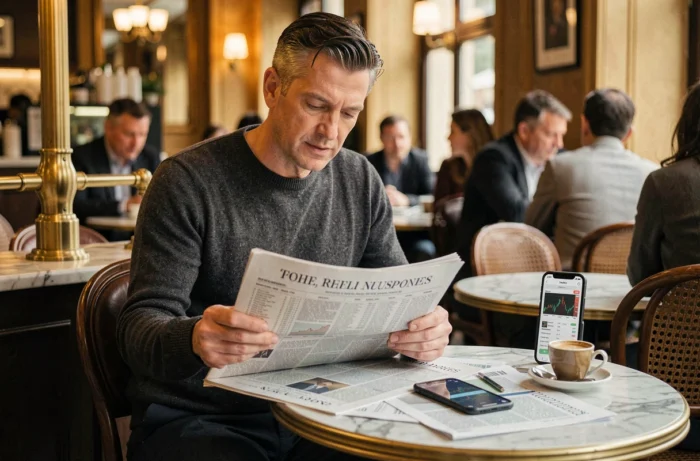 Homme d'affaires étudiant un portefeuille boursier et un journal financier dans un café parisien