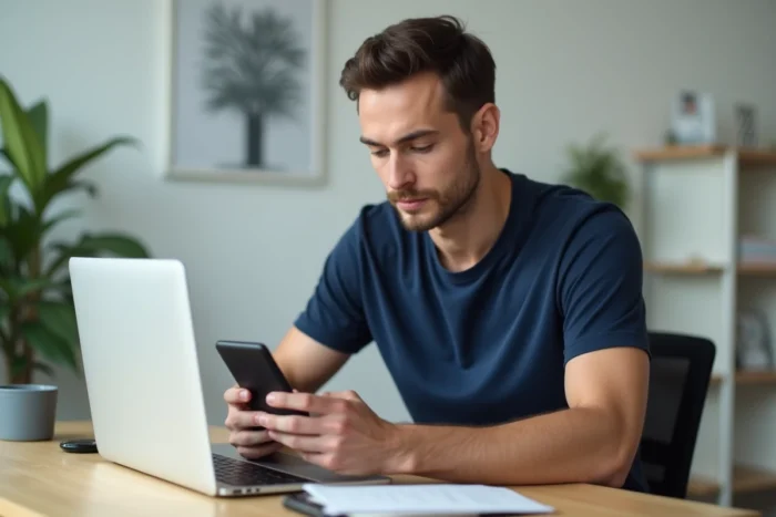 Homme vérifiant les invitations envoyées sur Instagram depuis son bureau à domicile