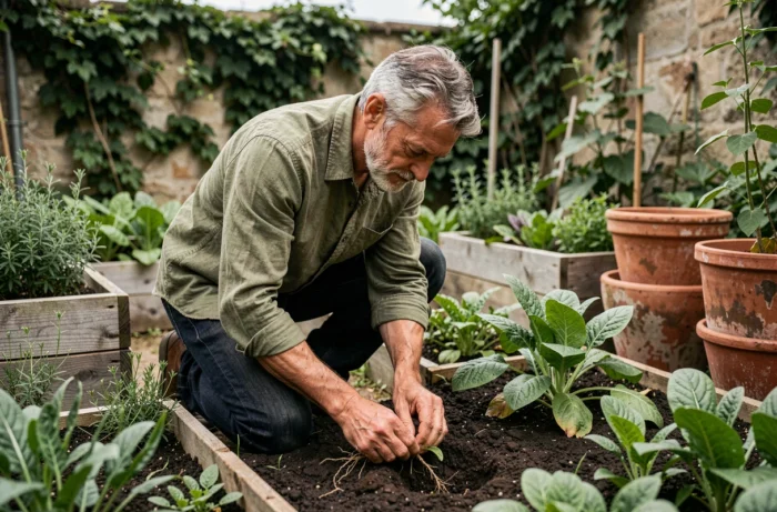 Homme jardinent dans un potager verdoyant, les mains dans la terre, entouré de légumes et d'herbes aromatiques