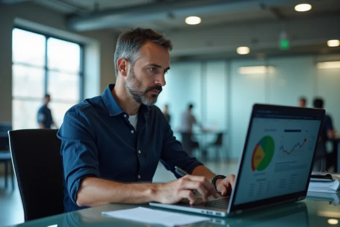 Homme utilisant un ordinateur portable affichant un plan de navigation de site web dans un bureau moderne en open space