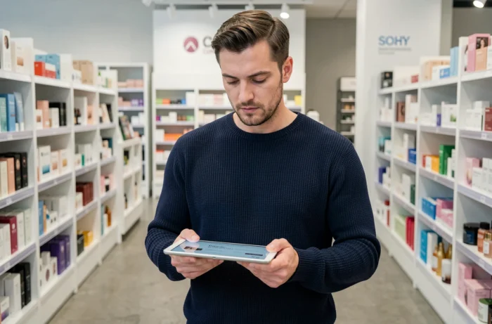 Homme naviguant sur le sitemap d'un site de cosmétiques via une tablette dans une boutique de beauté moderne
