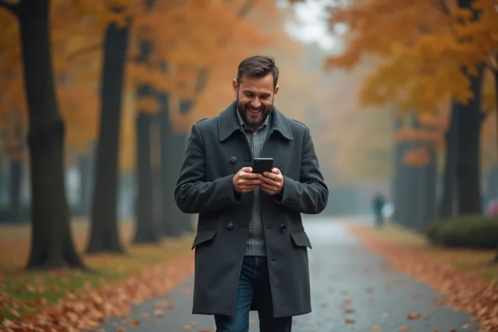 Homme souriant à son téléphone dans un parc en automne, évoquant une connexion émotionnelle invisible avec une personne absente