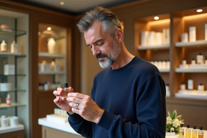 Homme à peau sensible lisant les ingrédients d'un flacon de parfum dans une parfumerie spécialisée