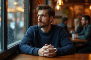 Homme pensif assis seul dans un café, regardant par la fenêtre sous la pluie, perdu dans ses pensées en pensant à quelqu'un