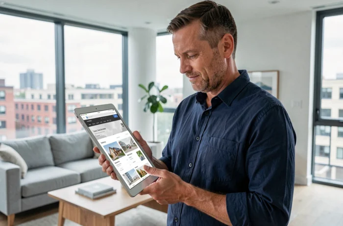 Homme consultant le plan d'un site immobilier sur une tablette dans un salon contemporain