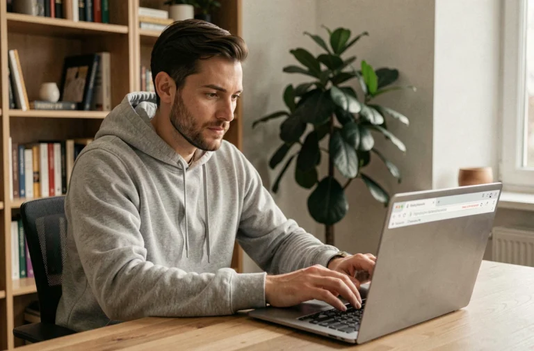 Homme cherchant la nouvelle adresse de DDL-Island sur son ordinateur portable dans un bureau à domicile