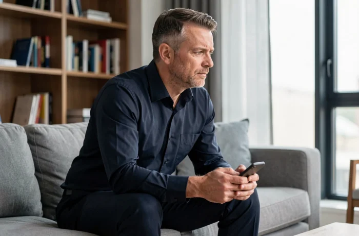 Homme d'une quarantaine d'années assis seul dans un salon moderne, tenant son téléphone et réfléchissant, évoquant la pression des rumeurs médiatiques sur la vie personnelle et conjugale.