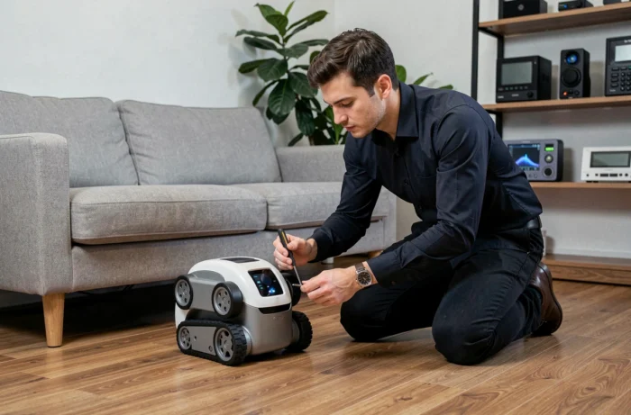 Homme interagissant avec un robot domestique intelligent dans un intérieur contemporain connecté