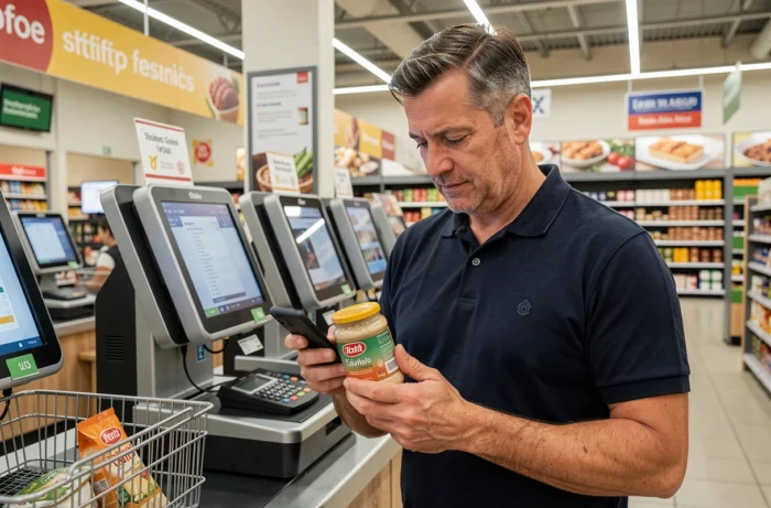 Homme tenant un pot de tahini à la caisse d'un hypermarché français tout en consultant son téléphone