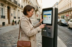 Femme consultant un horodateur de stationnement payant dans une rue de Versailles, zones tarifaires affichées à l'écran