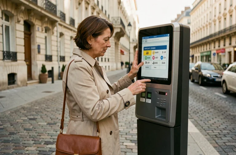 Femme consultant un horodateur de stationnement payant dans une rue de Versailles, zones tarifaires affichées à l'écran