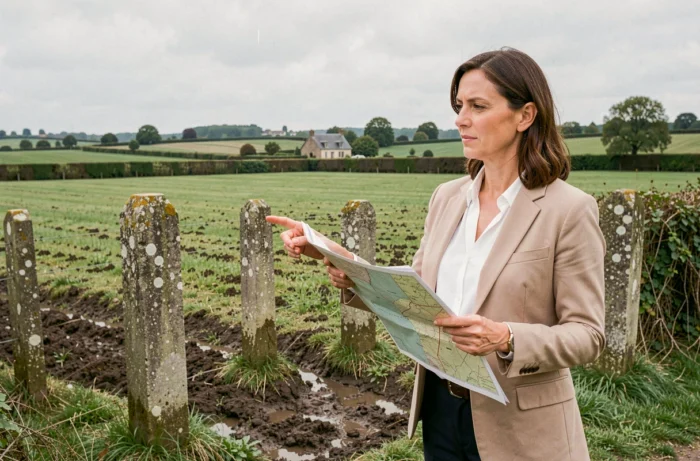 Femme avec une carte cadastrale devant une parcelle de terrain en milieu rural
