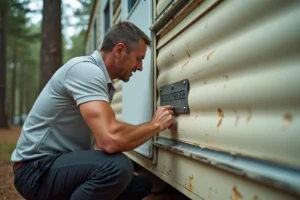 Homme examinant la plaque d'identification constructeur d'un ancien mobil-home pour déterminer son année de fabrication