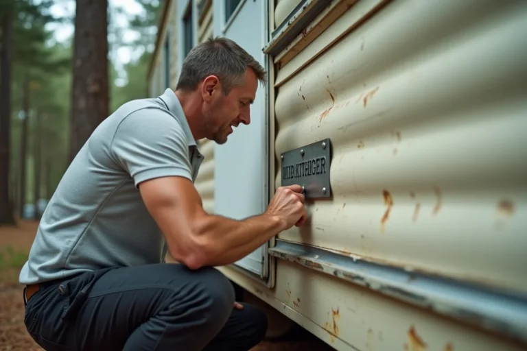 Homme examinant la plaque d'identification constructeur d'un ancien mobil-home pour déterminer son année de fabrication