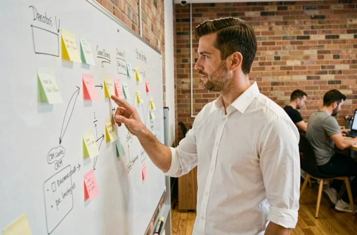 Indépendant organisant son plan d'action commercial sur un tableau blanc dans un espace de coworking