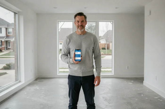 Propriétaire ou gestionnaire inspectant un appartement vide avec une application de gestion immobilière sur smartphone