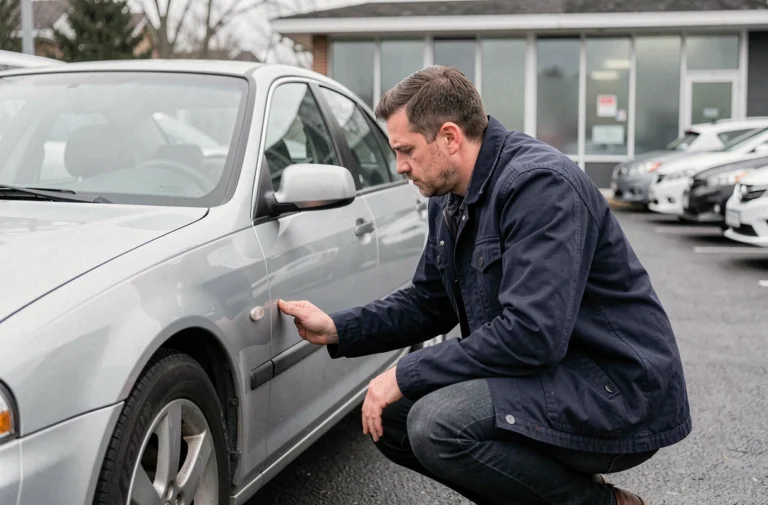 Homme inspectant la carrosserie d'une voiture d'occasion dans un parking de concessionnaire automobile