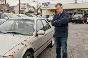 Homme inspectant une vieille voiture d'occasion rouillée dans un parking de concessionnaire, bras croisés avec une expression méfiante